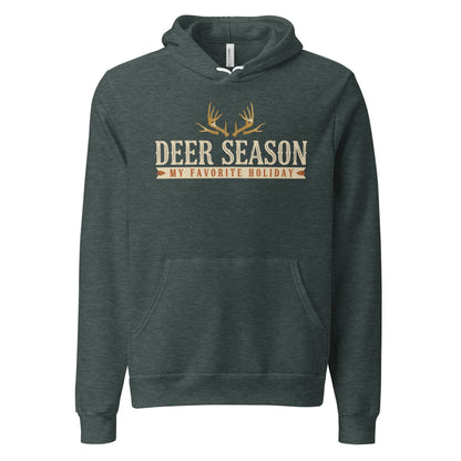 Deer Season My Favorite Holiday deer hunting hoodie — Heather Forest, front