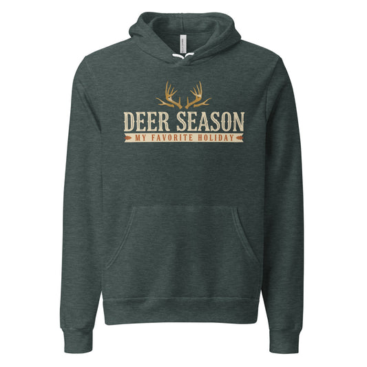 Deer Season My Favorite Holiday deer hunting hoodie — Heather Forest, front