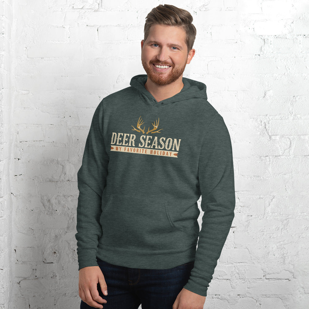 Deer Season My Favorite Holiday deer hunting hoodie — Heather Forest, on model
