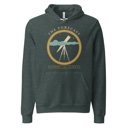 The Forecast Cloudy As Always funny astronomy hoodie — Heather Forest, front