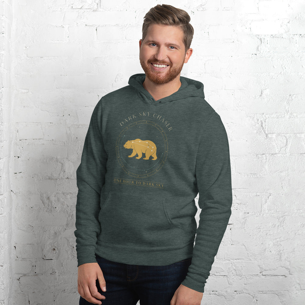 Dark Sky Chaser Ursa Major constellation astronomy hoodie — Heather Forest, on model
