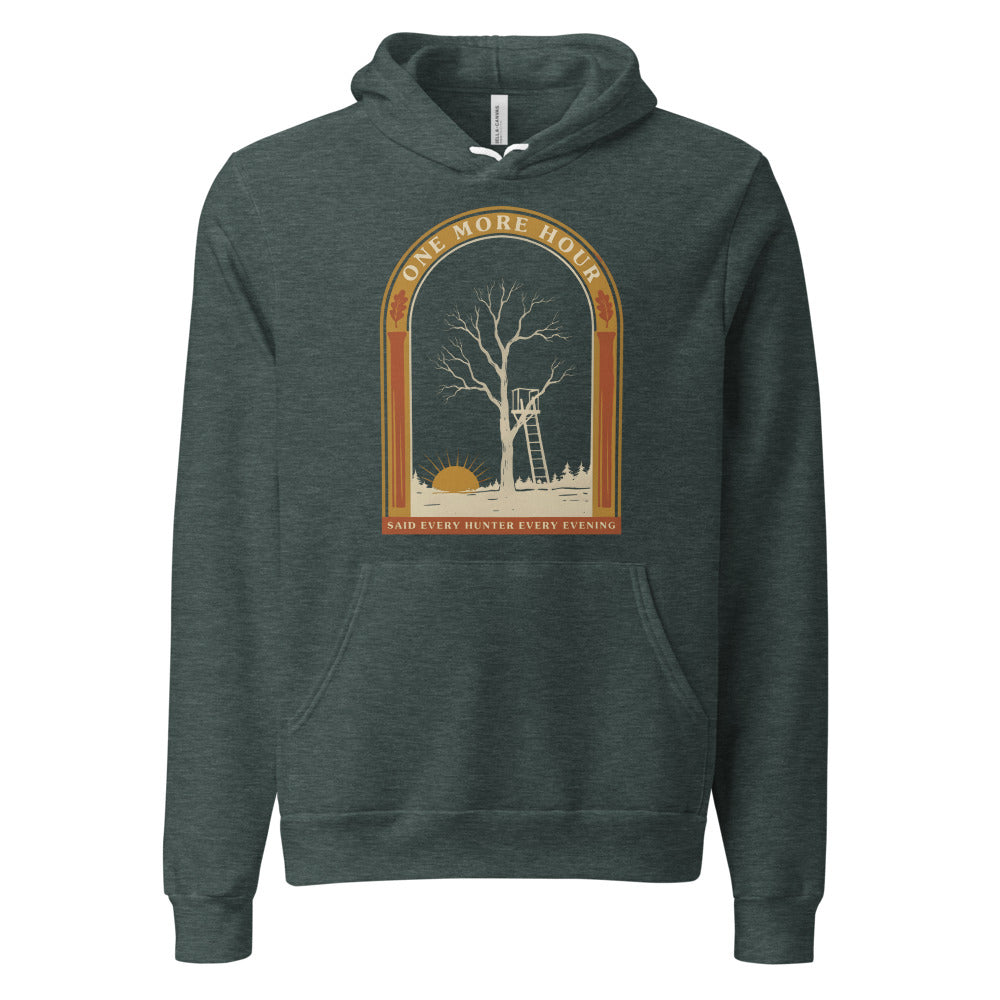 One More Hour funny deer hunting hoodie — Heather Forest, front