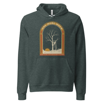 One More Hour funny deer hunting hoodie — Heather Forest, front