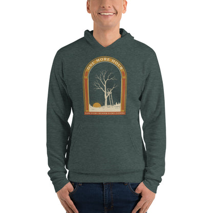 One More Hour funny deer hunting hoodie — Heather Forest, on model