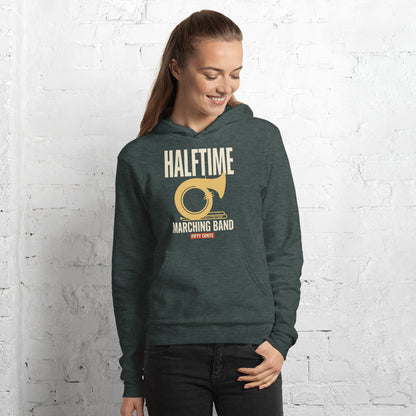 Official Halftime vintage marching band hoodie — Heather Forest, on model