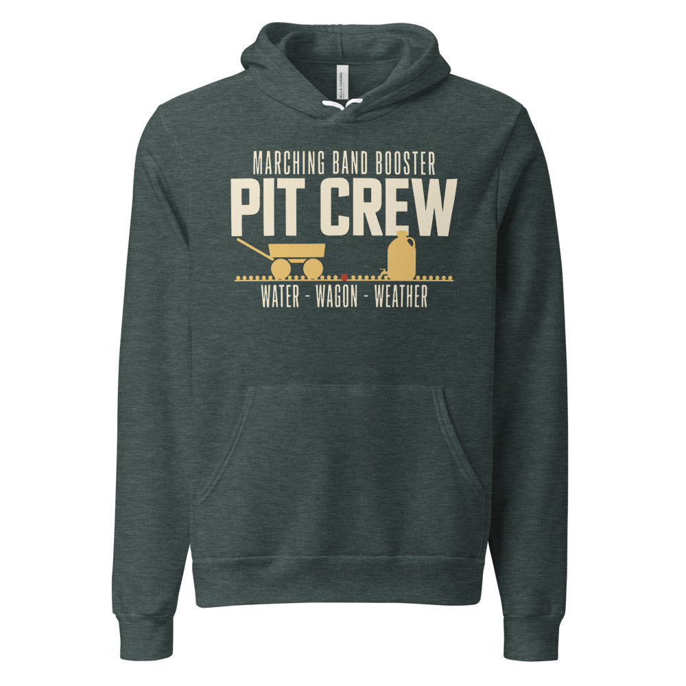 Pit Crew marching band booster hoodie — Heather Forest, front