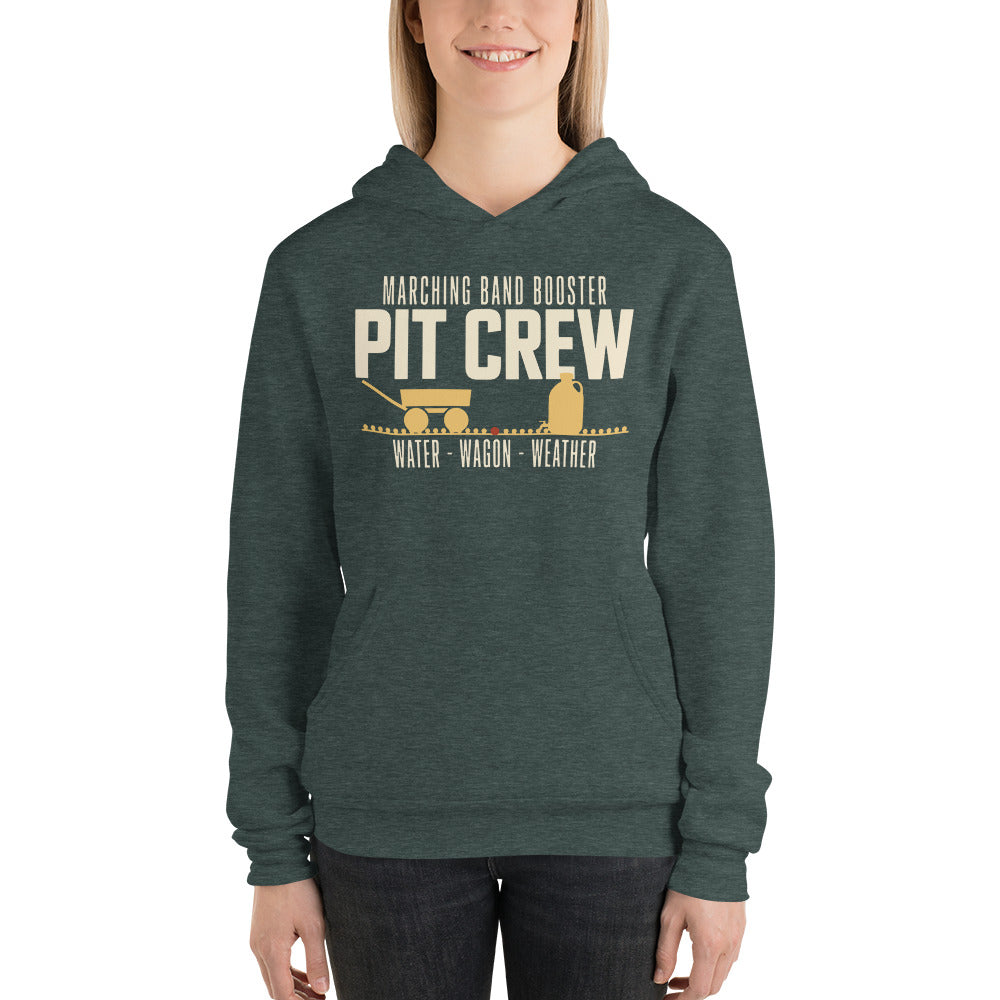 Pit Crew marching band booster hoodie — Heather Forest, on model