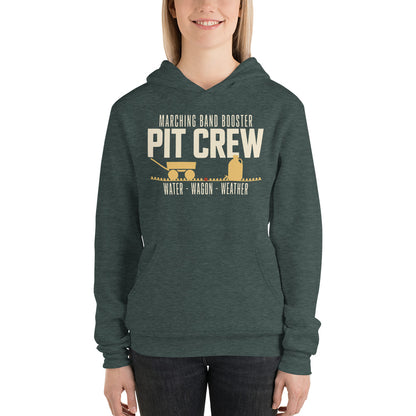 Pit Crew marching band booster hoodie — Heather Forest, on model
