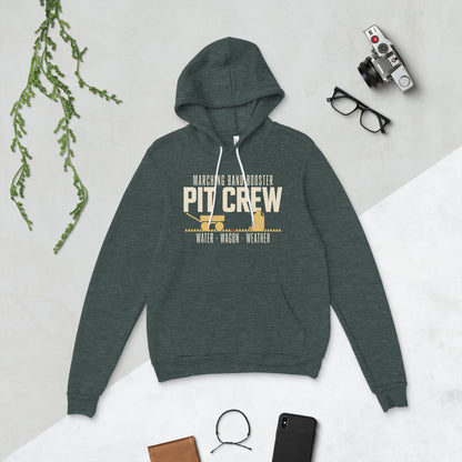 Pit Crew marching band booster hoodie — Heather Forest, flat lay