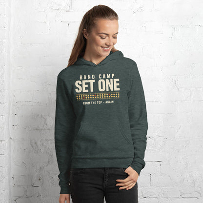 Set One marching band drill chart hoodie — Heather Forest, on model