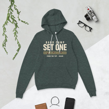 Set One marching band drill chart hoodie — Heather Forest, flat lay