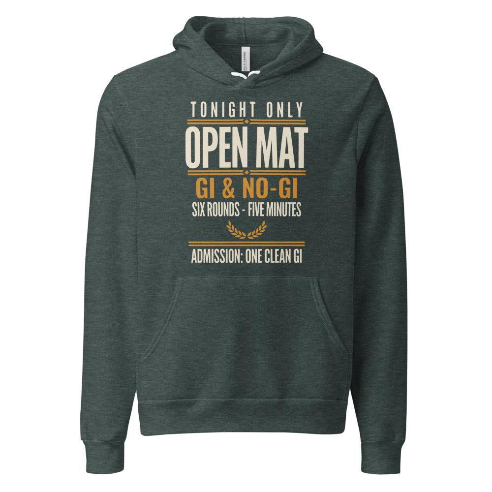 Open Mat Tonight Brazilian jiu jitsu hoodie — Heather Forest, front