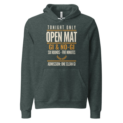Open Mat Tonight Brazilian jiu jitsu hoodie — Heather Forest, front