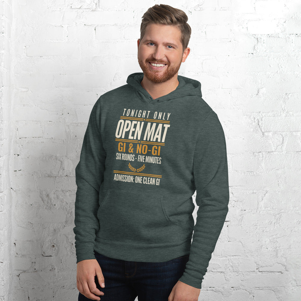 Open Mat Tonight Brazilian jiu jitsu hoodie — Heather Forest, on model
