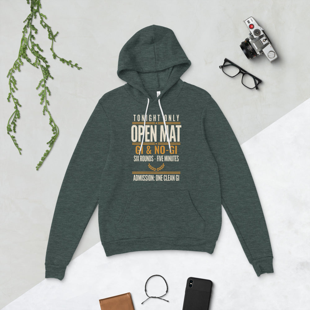 Open Mat Tonight Brazilian jiu jitsu hoodie — Heather Forest, flat lay