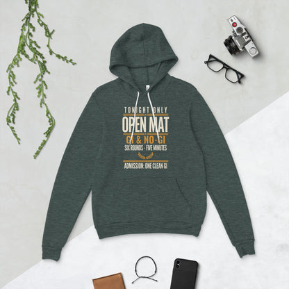 Open Mat Tonight Brazilian jiu jitsu hoodie — Heather Forest, flat lay