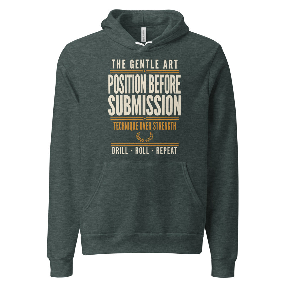 Position Before Submission Brazilian jiu jitsu hoodie — Heather Forest, front