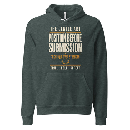 Position Before Submission Brazilian jiu jitsu hoodie — Heather Forest, front