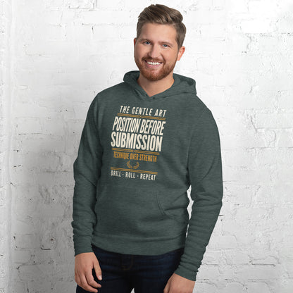 Position Before Submission Brazilian jiu jitsu hoodie — Heather Forest, on model