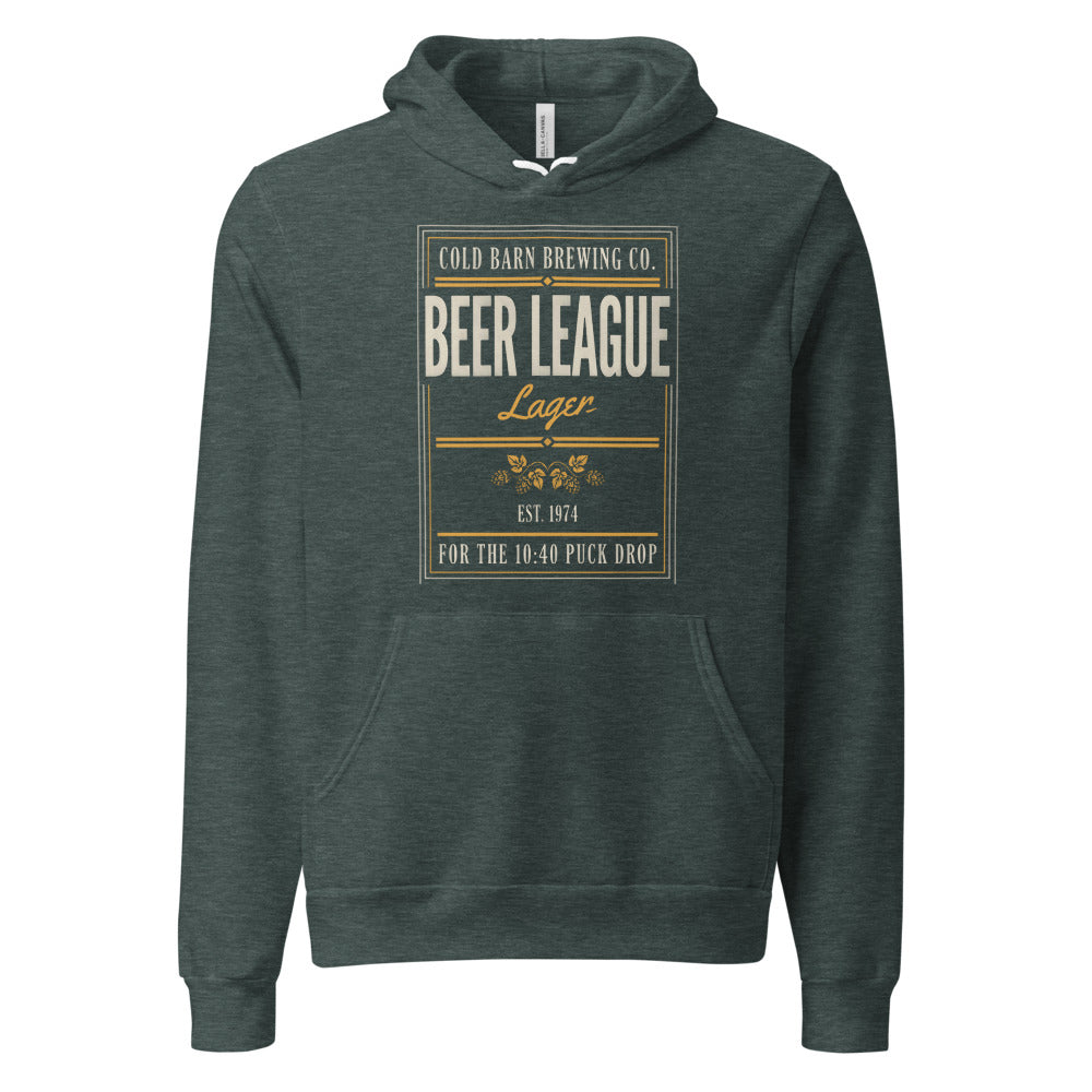 Beer League Cold Barn Brewing lager hoodie — Heather Forest, front