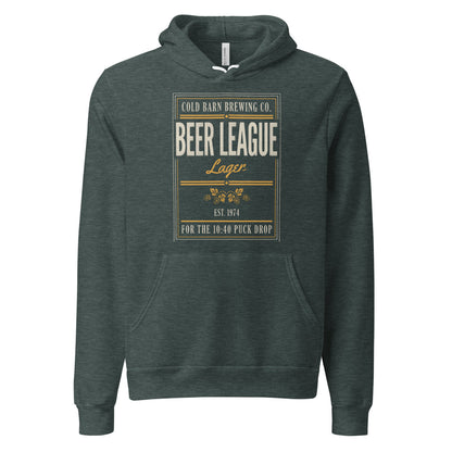Beer League Cold Barn Brewing lager hoodie — Heather Forest, front