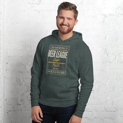 Beer League Cold Barn Brewing lager hoodie — Heather Forest, on model