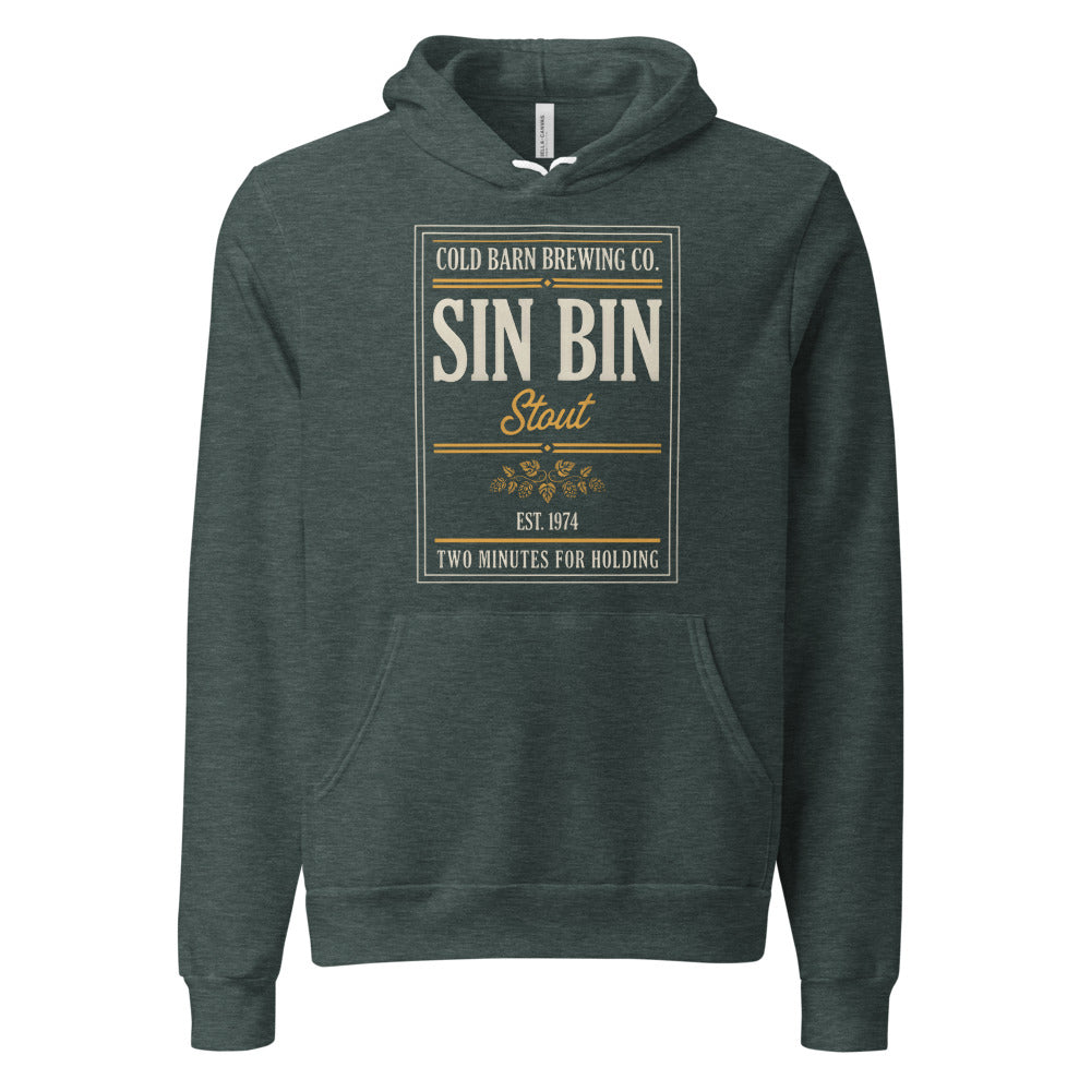 Beer League Sin Bin Stout brewery label hoodie — Heather Forest, front