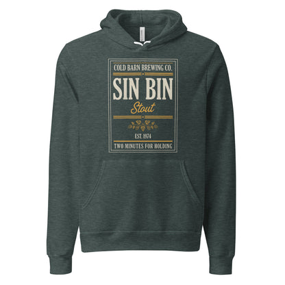 Beer League Sin Bin Stout brewery label hoodie — Heather Forest, front