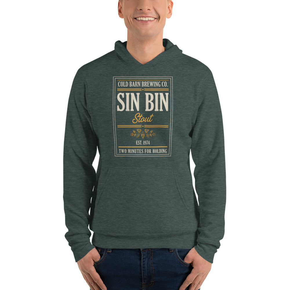 Beer League Sin Bin Stout brewery label hoodie — Heather Forest, on model
