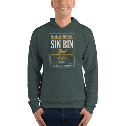 Beer League Sin Bin Stout brewery label hoodie — Heather Forest, on model
