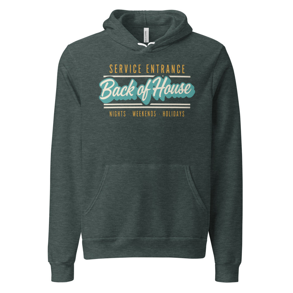 Line Cook Back of House retro diner service sign hoodie — Heather Forest, front