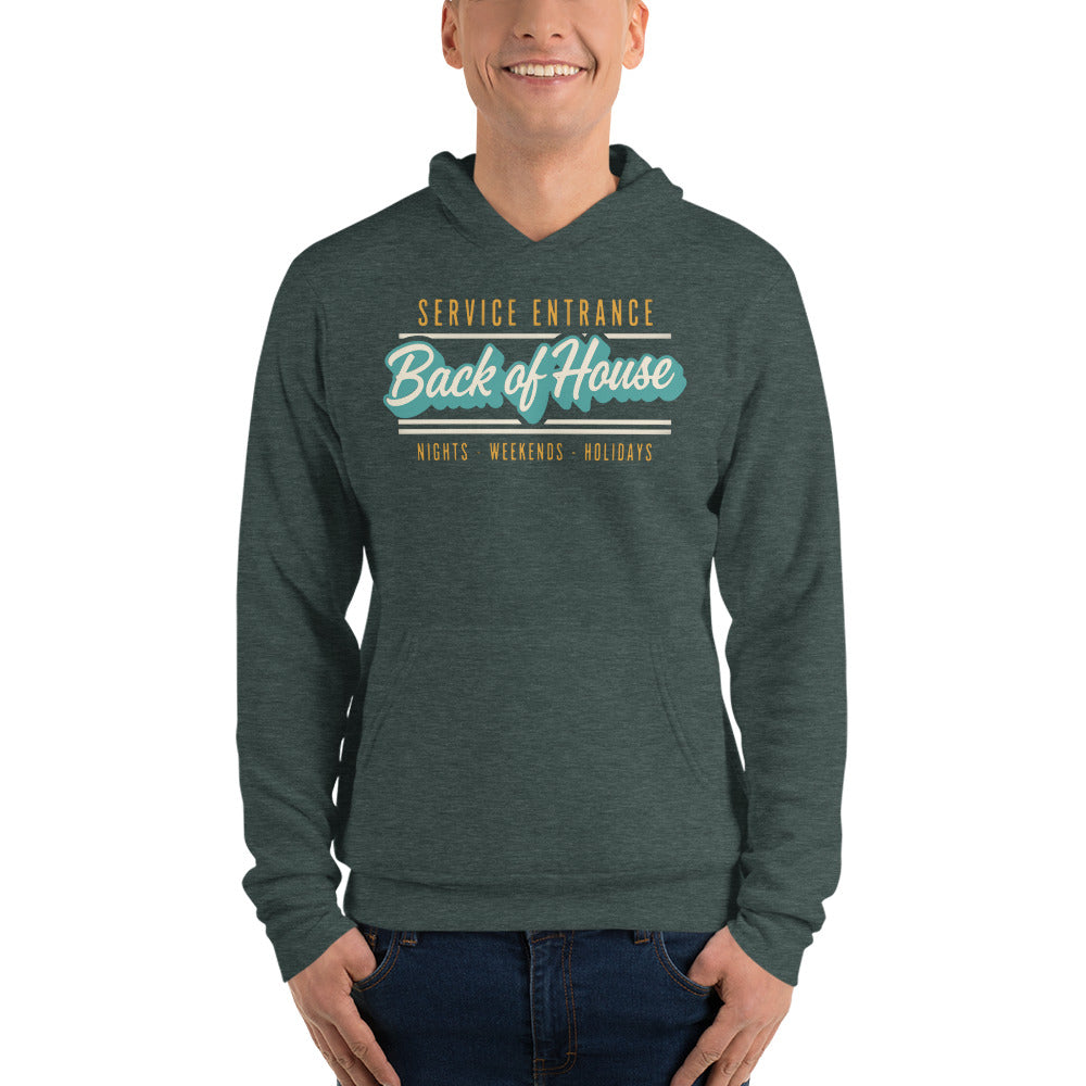 Line Cook Back of House retro diner service sign hoodie — Heather Forest, on model