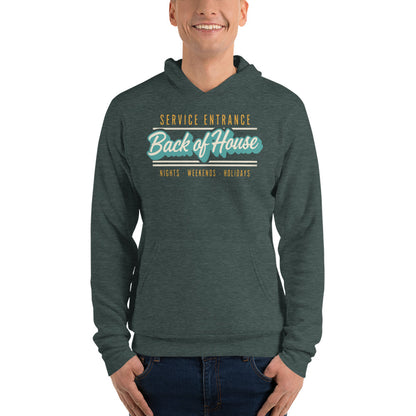 Line Cook Back of House retro diner service sign hoodie — Heather Forest, on model