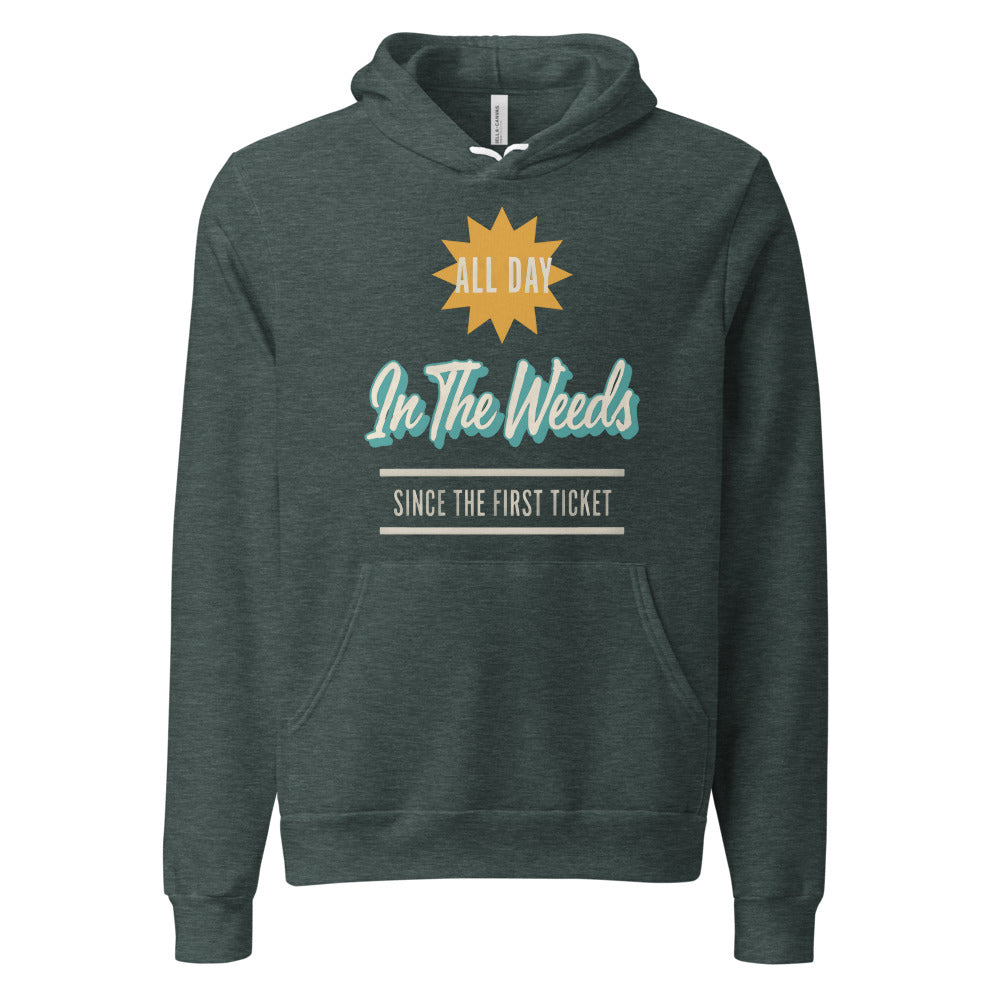 In The Weeds line cook retro diner service sign hoodie — Heather Forest, front