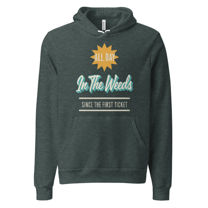 In The Weeds line cook retro diner service sign hoodie — Heather Forest, front
