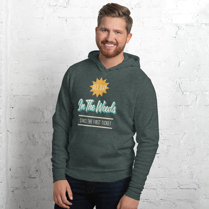 In The Weeds line cook retro diner service sign hoodie — Heather Forest, on model