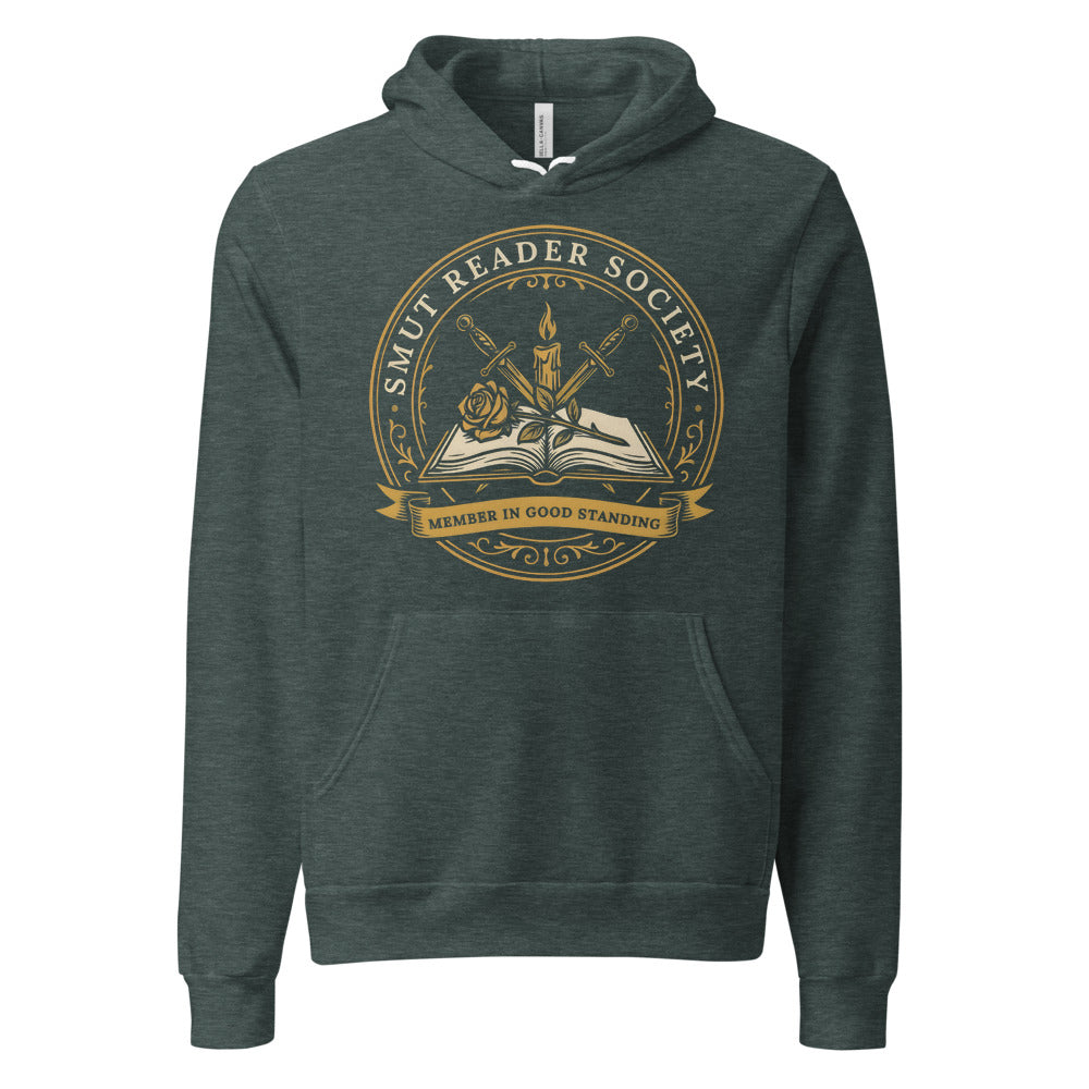 Smut Reader Society book lover dark academia hoodie — Heather Forest, front