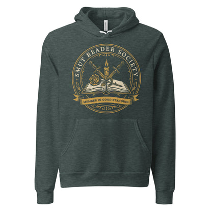 Smut Reader Society book lover dark academia hoodie — Heather Forest, front