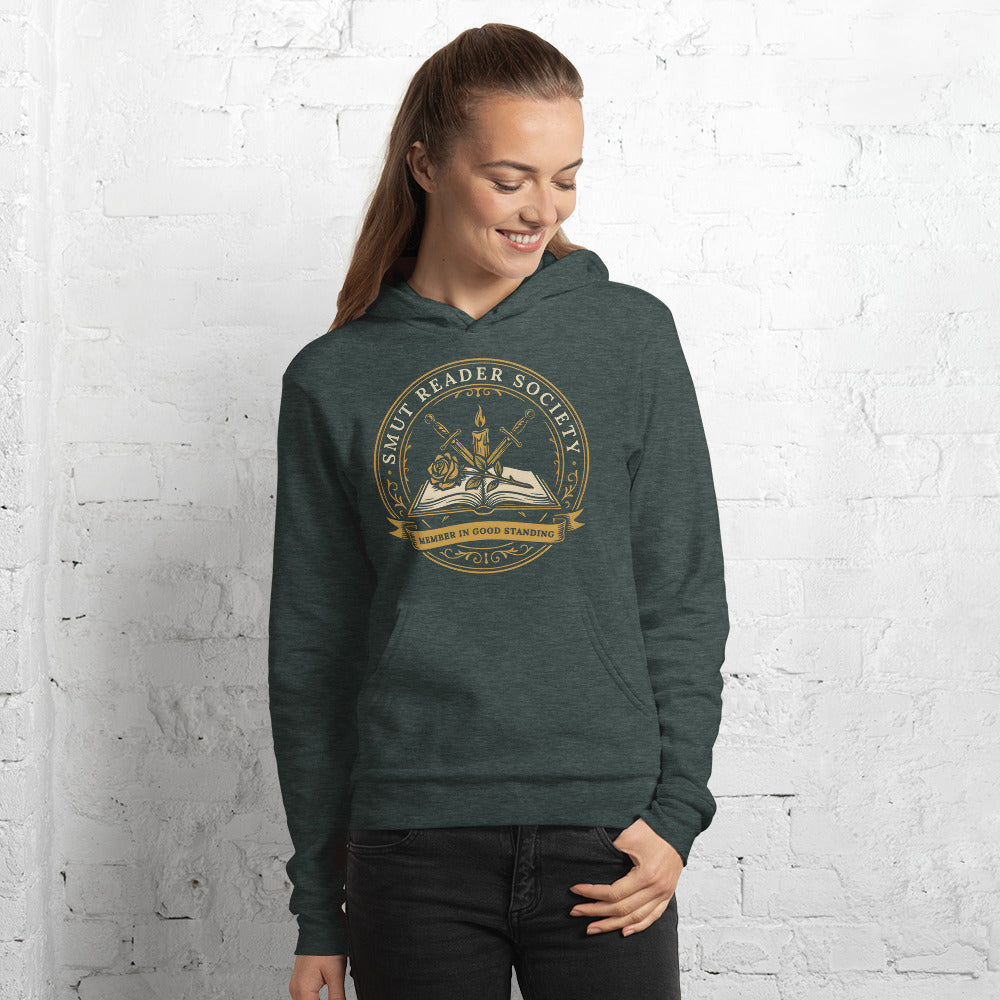 Smut Reader Society book lover dark academia hoodie — Heather Forest, on model