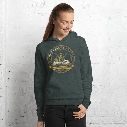 Smut Reader Society book lover dark academia hoodie — Heather Forest, on model