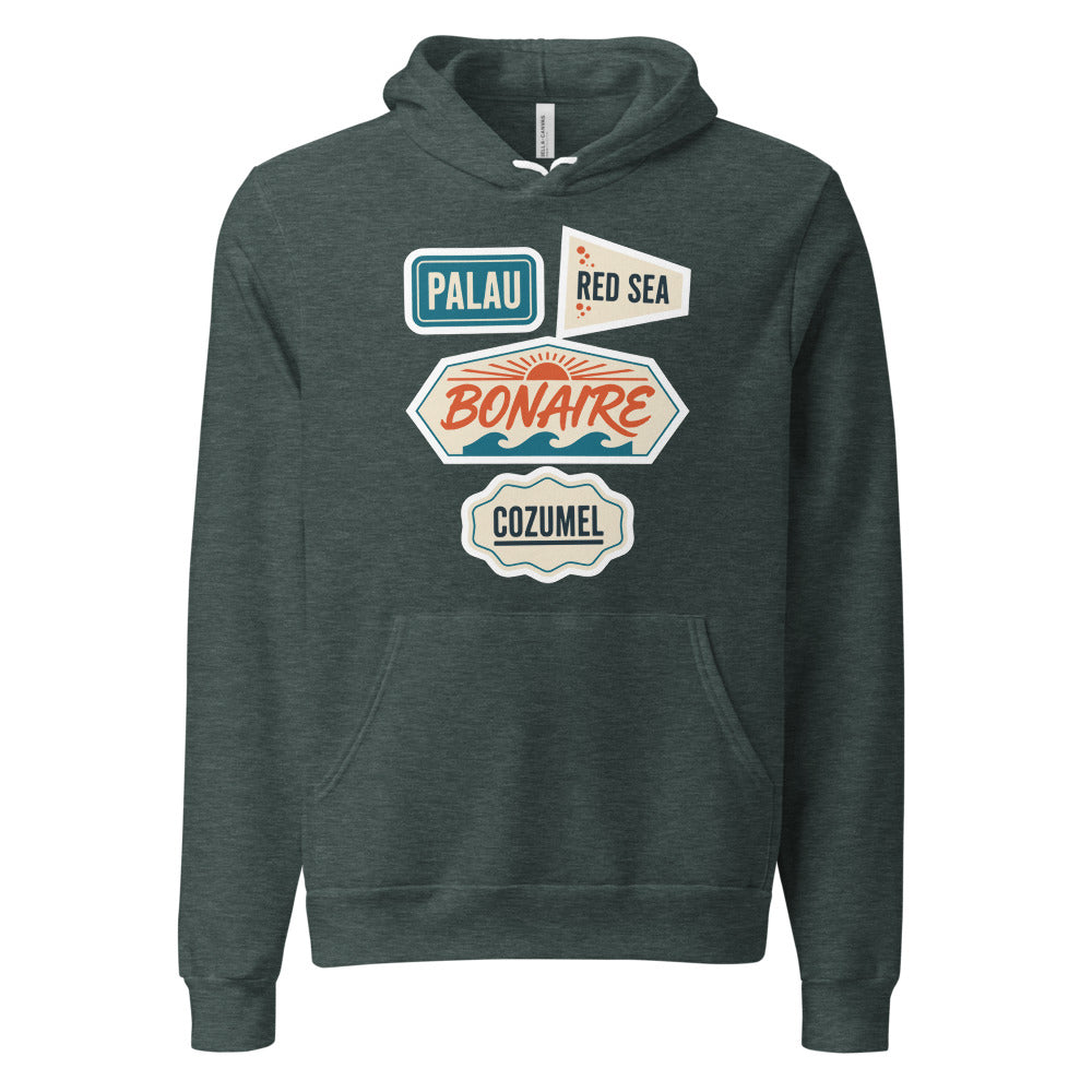 Vintage scuba diving dive sites travel decal hoodie — Heather Forest, front