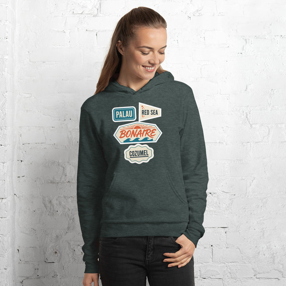 Vintage scuba diving dive sites travel decal hoodie — Heather Forest, on model