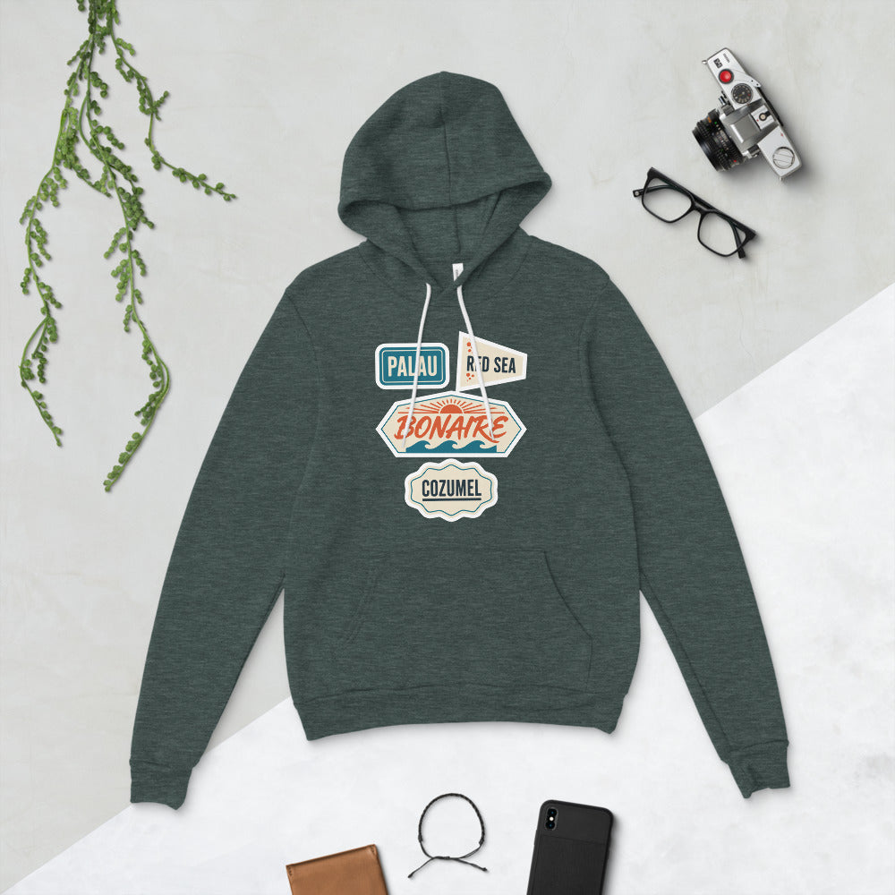 Vintage scuba diving dive sites travel decal hoodie — Heather Forest, flat lay