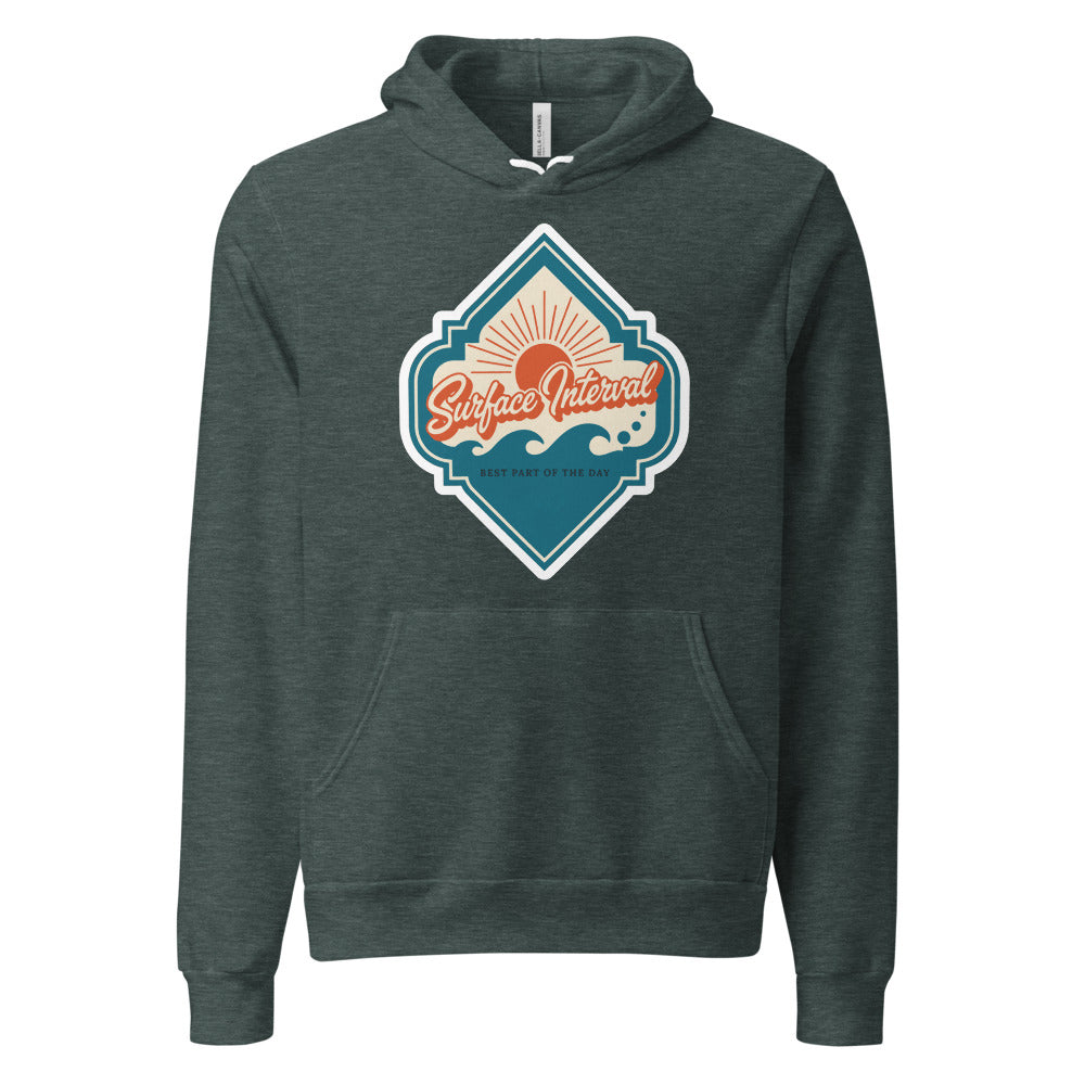 Surface Interval vintage scuba diving travel decal hoodie — Heather Forest, front
