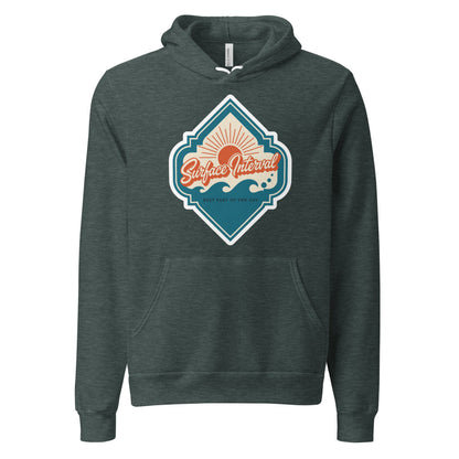 Surface Interval vintage scuba diving travel decal hoodie — Heather Forest, front