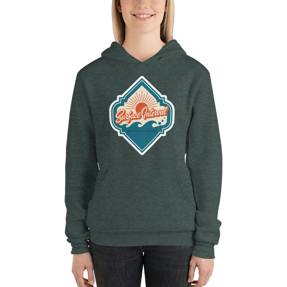Surface Interval vintage scuba diving travel decal hoodie — Heather Forest, on model