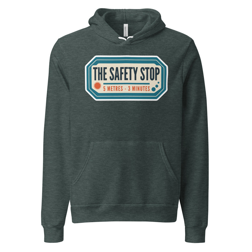 The Safety Stop vintage scuba diving travel decal hoodie — Heather Forest, front