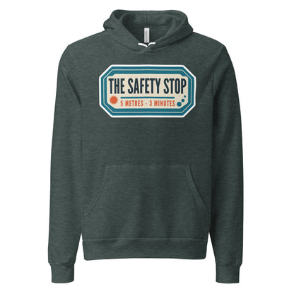 The Safety Stop vintage scuba diving travel decal hoodie — Heather Forest, front
