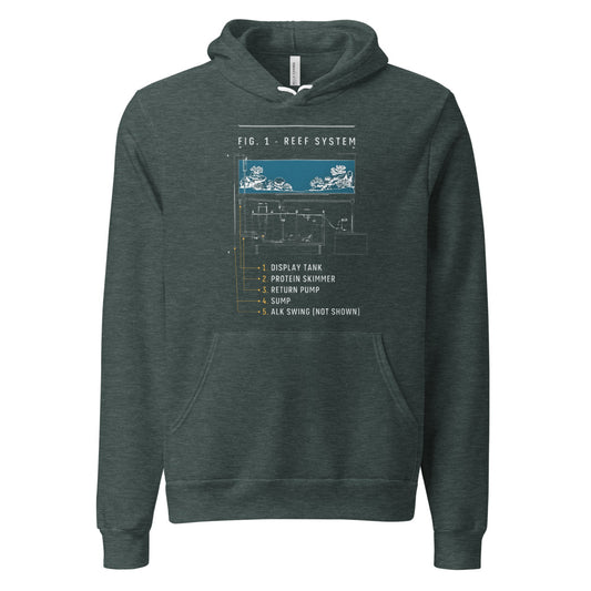 Reef System technical cutaway saltwater aquarium hoodie — Heather Forest, front