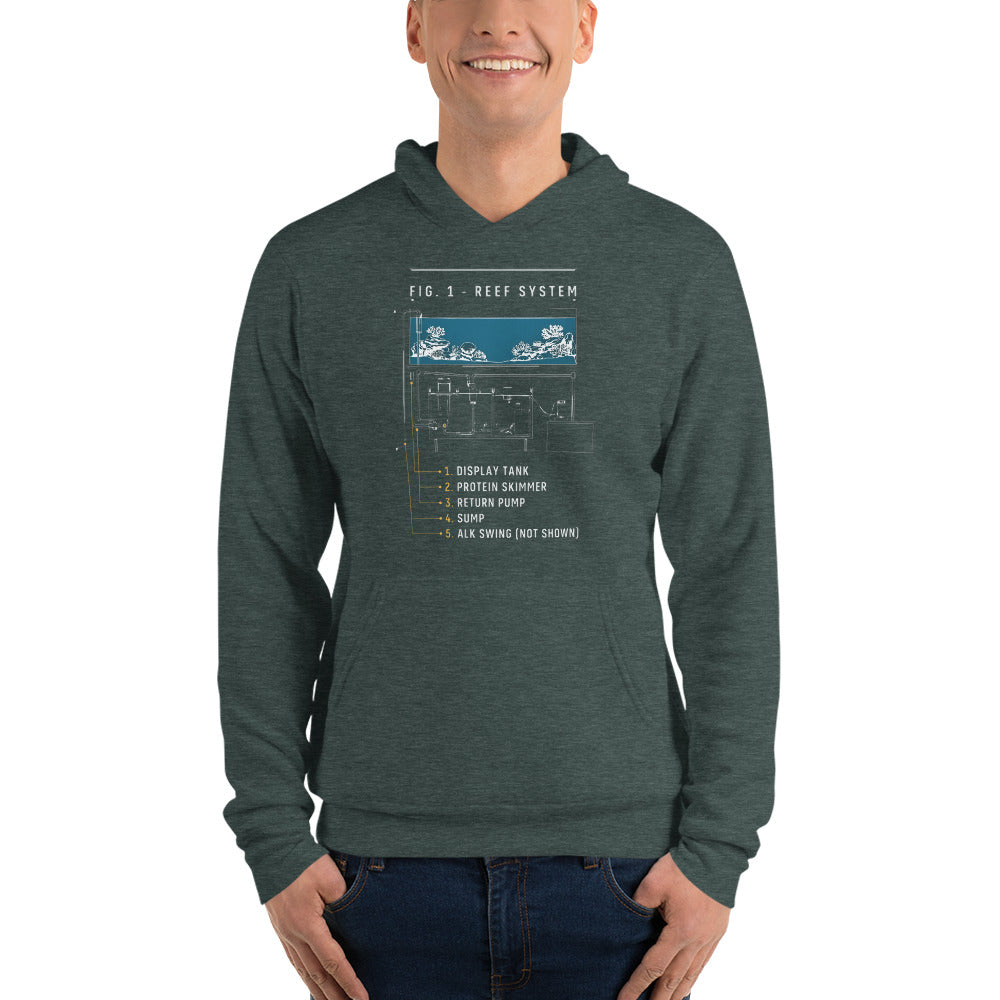 Reef System technical cutaway saltwater aquarium hoodie — Heather Forest, on model